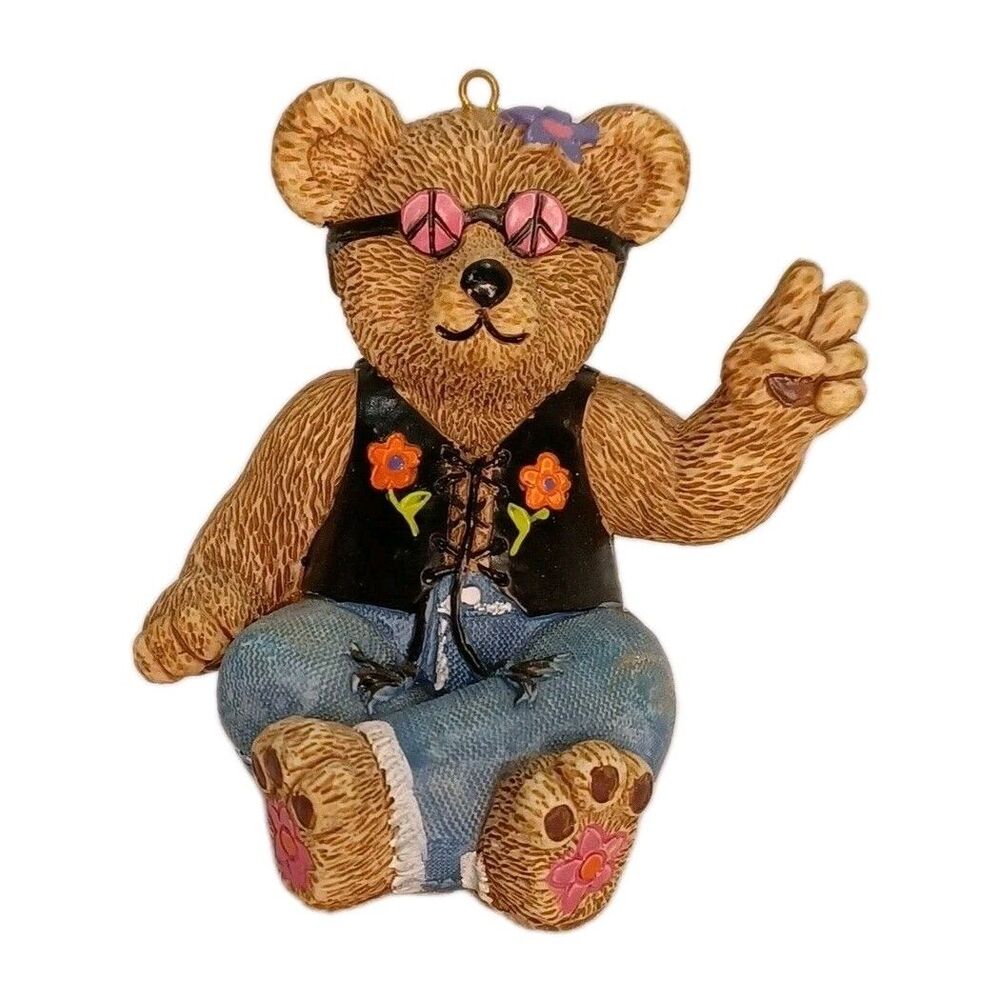 Vintage 1997 Claire’s Teddy Bear Ornament Peace Hippie Flower Power Resin 90s